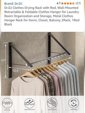 Amazon Wall-Mounted Retractable Clothes Rod Rack - Black